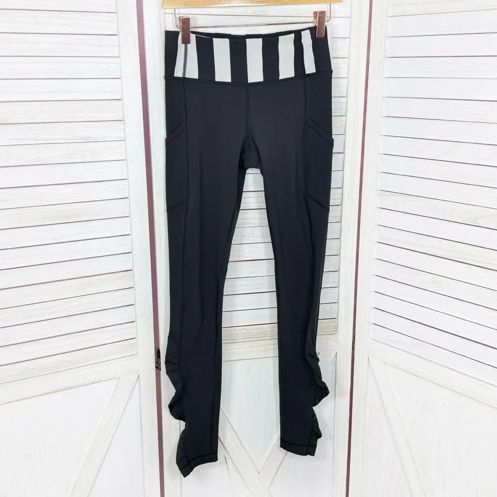 Lululemon‎ Speed Ruched Ankle Striped Waist Leggings Black White 4